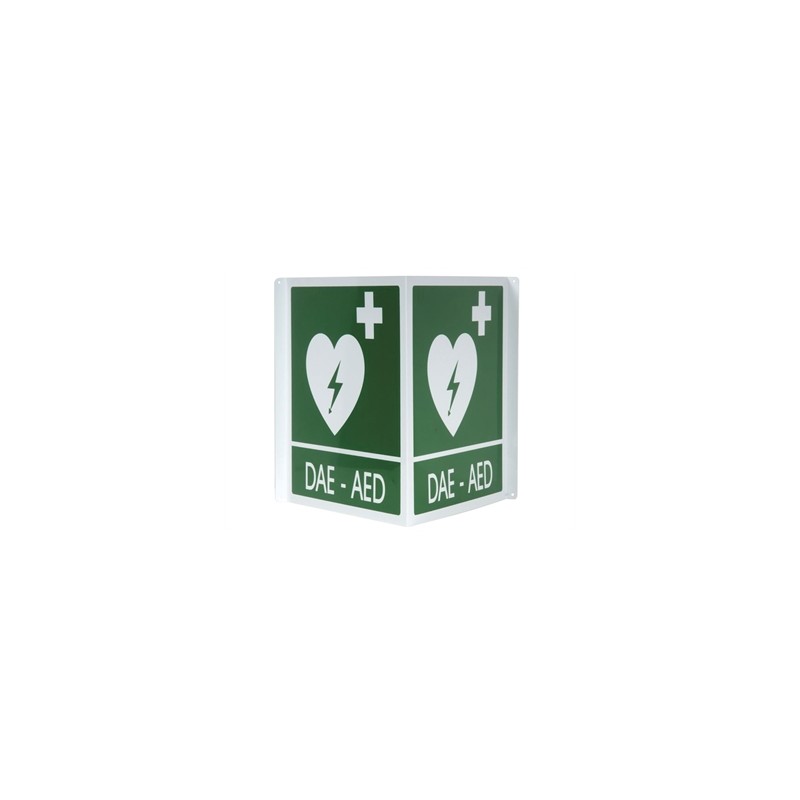 CARTELLO SEGNALATORE DAE/AED DOPPIO IN ALLUMINIO 34x36 cm per defibrillatori