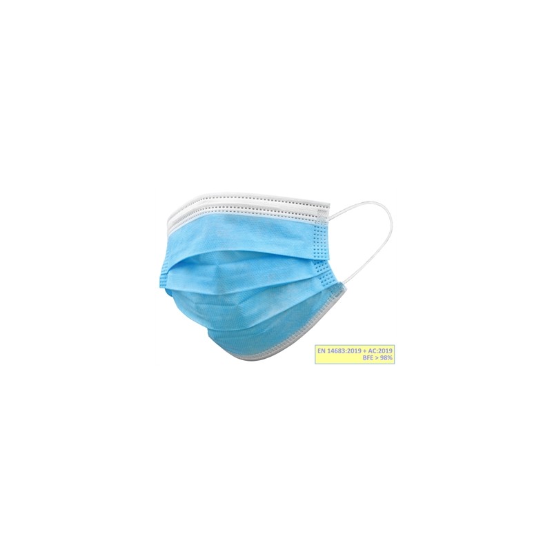 GISAFE MASCHERINA CHIRURGICA FILTRANTE 98% 3 VELI tipo IIR con elastici - adulti - azzurra - imbustata singolarmente - scatola
