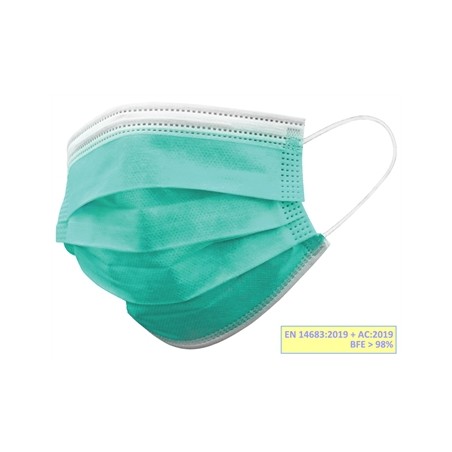 GISAFE MASCHERINA CHIRURGICA FILTRANTE 98% 3 VELI tipo IIR con elastici - adulti - verde chiaro - scatola