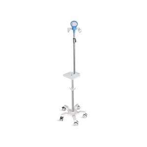 PIANTANA PER POMPE INFUSIONALI A 5 RUOTE con manico e ripiano - acciaio inox - 4 ganci