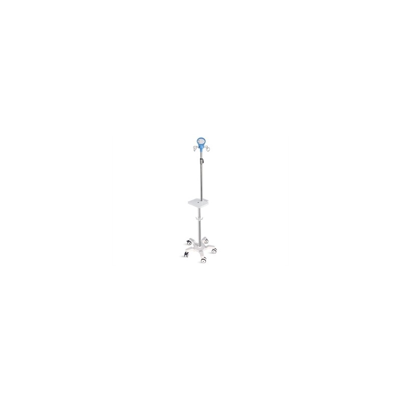 PIANTANA PER POMPE INFUSIONALI A 5 RUOTE con manico e ripiano - acciaio inox - 4 ganci