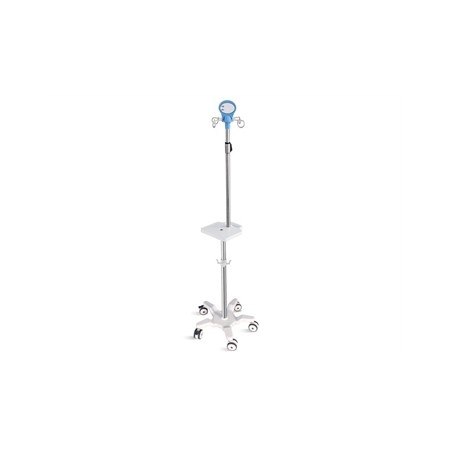 PIANTANA PER POMPE INFUSIONALI A 5 RUOTE con manico e ripiano - acciaio inox - 4 ganci